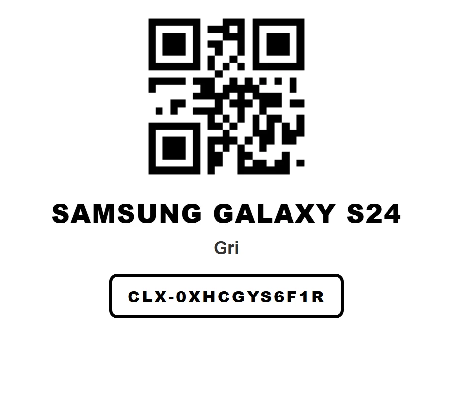 QR stok etiketi: Samsung Galaxy S24, Gri, stok kodu CLX-0XHCGYS6F1R